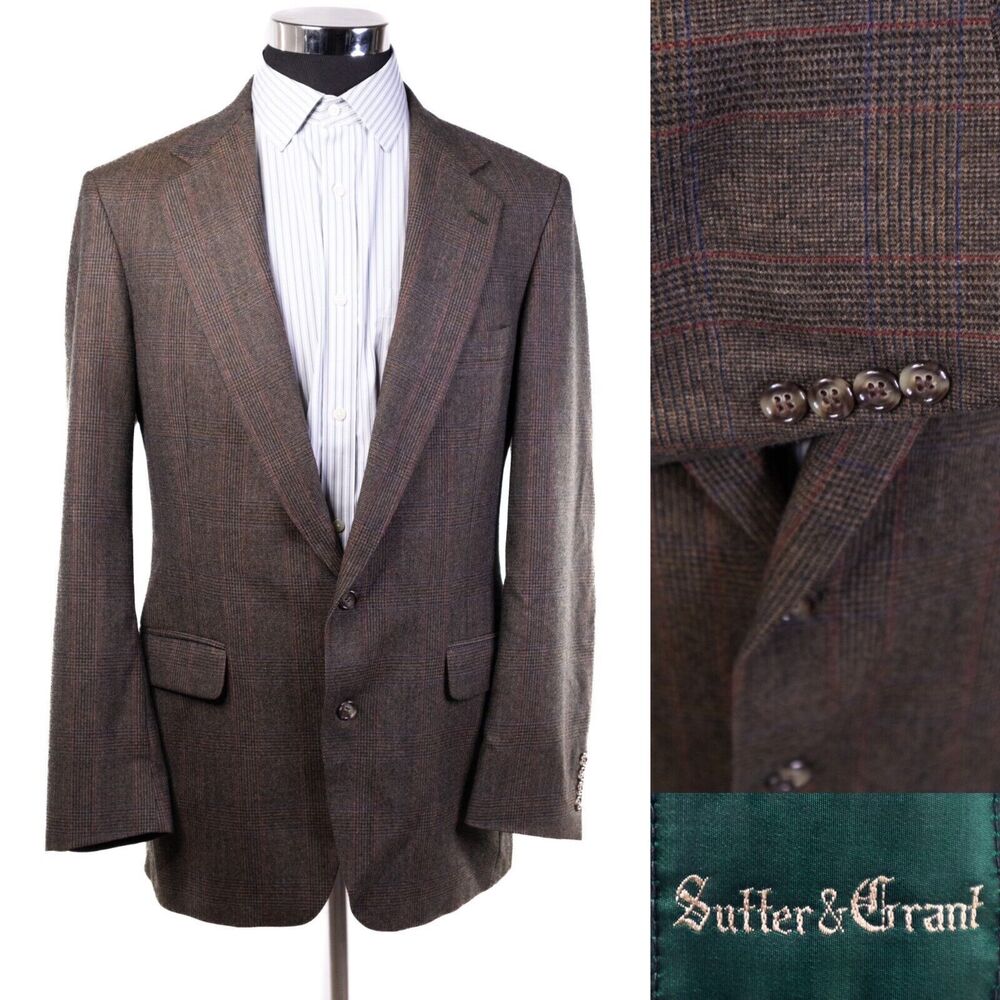 Sutter & Grant Men’s Wool Plaid Brown Blazer Sport Coat Suit Jacket 42L 2 Button